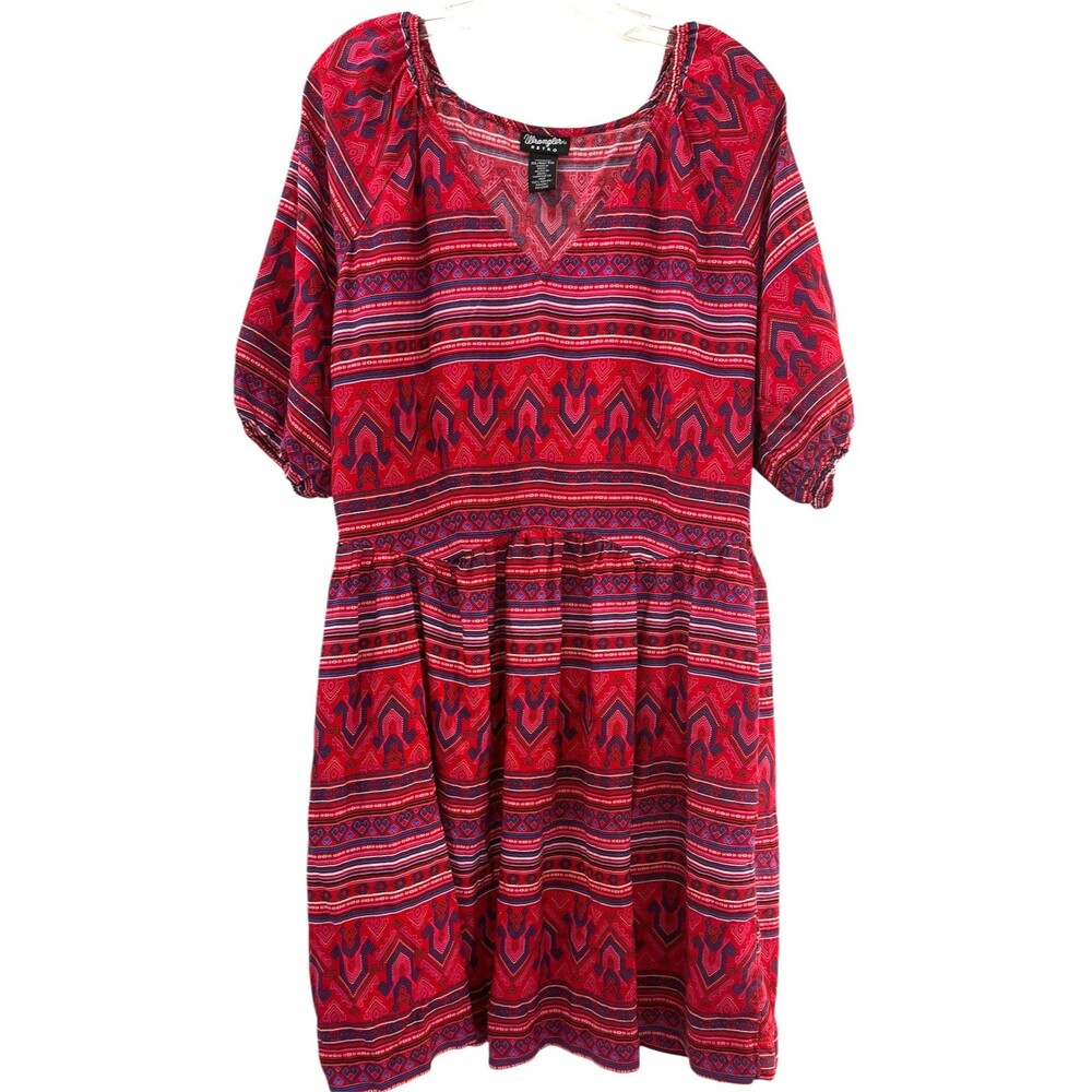 Wrangler Retro Americana Dress Size XL Puff Sleeve V Neck Geometric Red Western